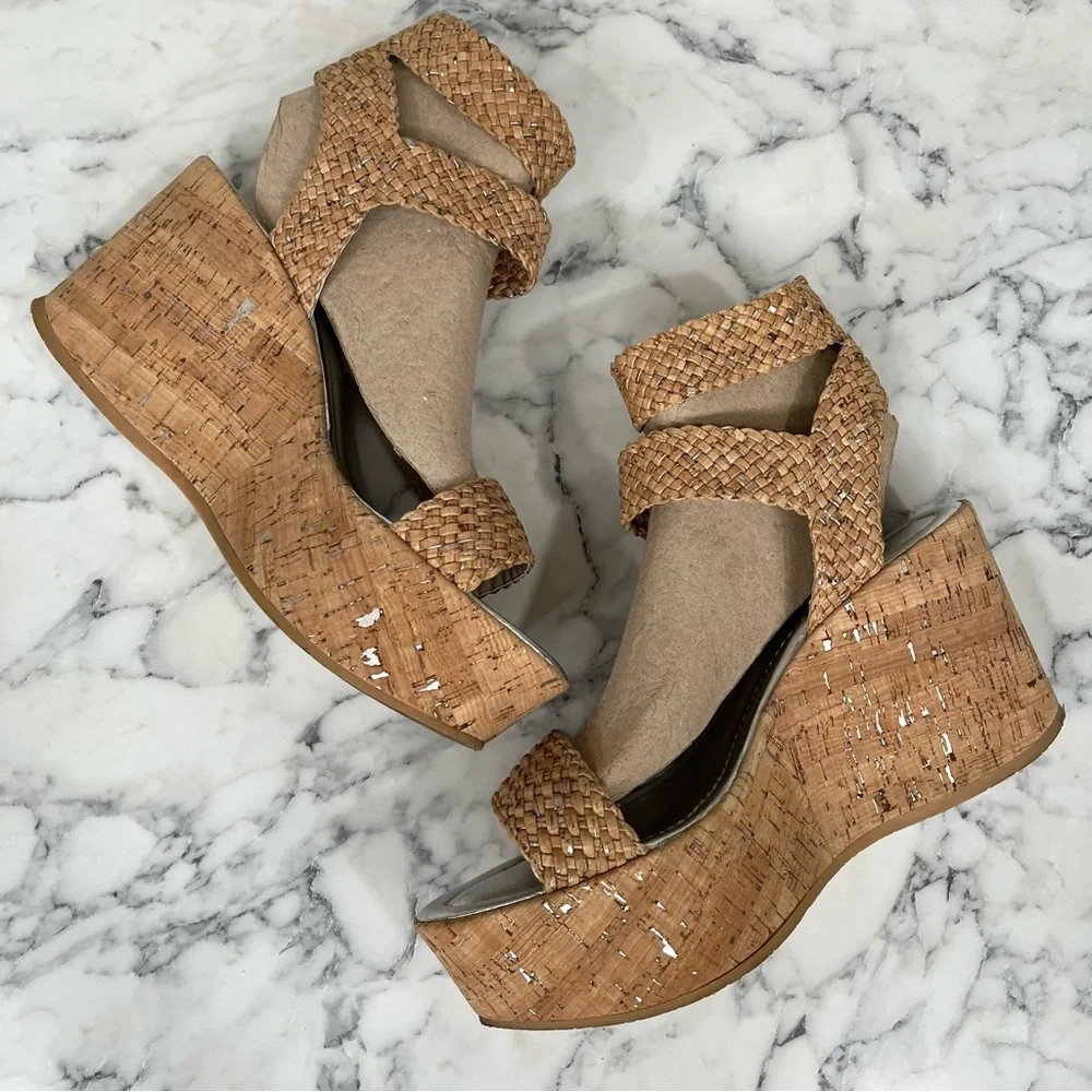 Donald J. Pliner Tan Woven Cork Platform Wedges